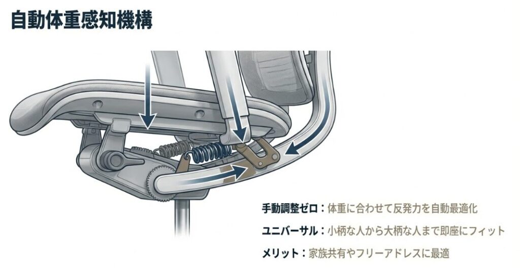 座る人の体重に合わせて反発力を自動で最適化するThinkの内部構造と体重感知機構の解説