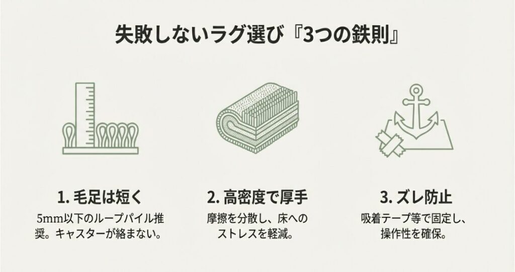チェアマット代用ラグ選びの3つの鉄則（毛足の長さ、密度、ズレ防止）を示すイラスト