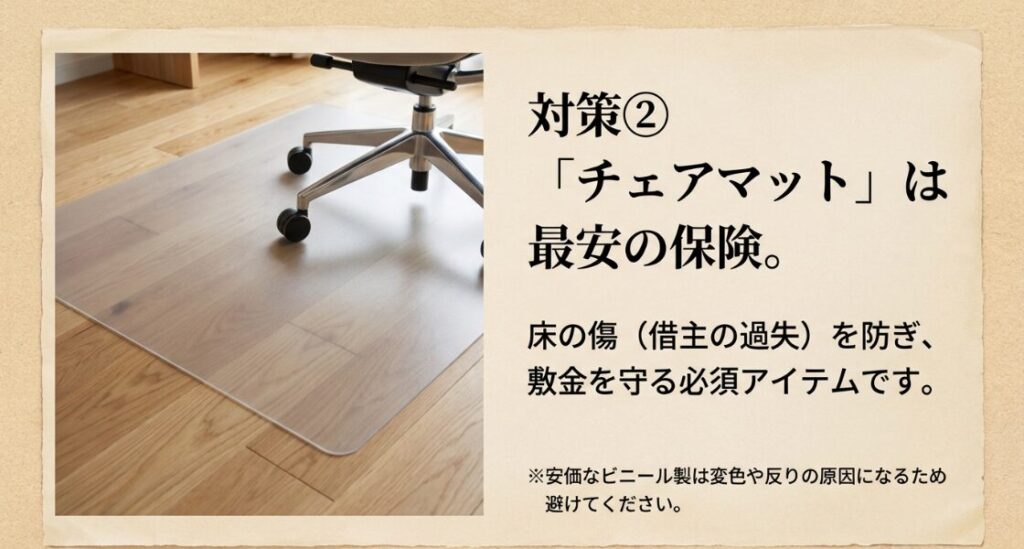 フローリングの上に設置された透明なチェアマット。床の傷や借主の過失による原状回復費用を防ぐための必須アイテム。