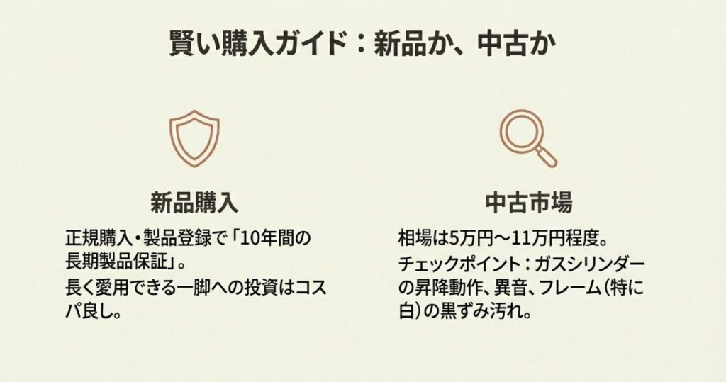 新品の保証期間と中古市場の相場、チェックポイントをまとめたガイドスライド