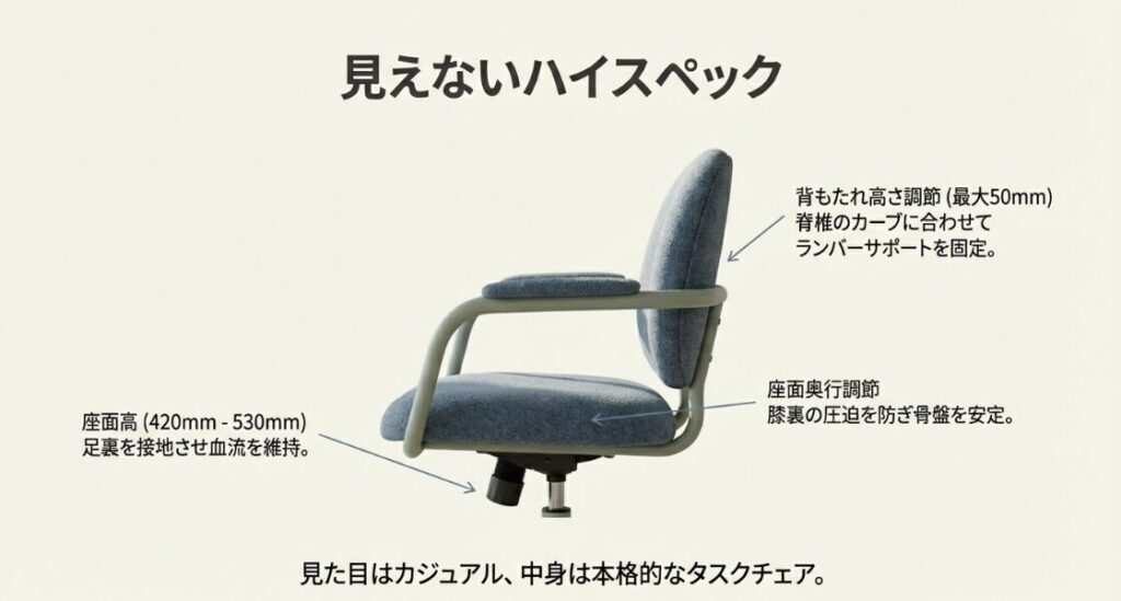 座面高や奥行き調節など、オールスターの主要な人間工学機能のまとめ