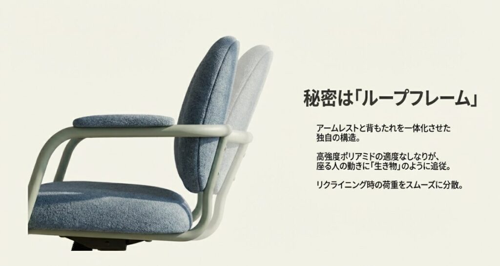アームレストと背もたれを一体化させたオールスター独自のループフレームの近影画像