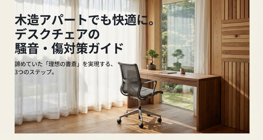 木造アパートでも快適に過ごすための、デスクチェア騒音・傷対策ガイドのタイトル画像。明るい日差しが入る木目調の書斎に、スタイリッシュなデスクとチェアが配置された理想的な作業環境のイメージ。