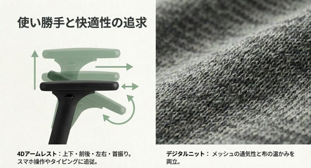 上下前後左右に動く4Dアームレストの図解と、通気性の良いデジタルニット素材のアップ画像