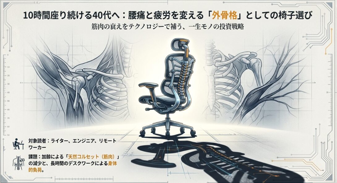 10時間座り続ける40代へ、腰痛と疲労を変える「外骨格」としての椅子選びを提案するスライド資料の表紙画像。