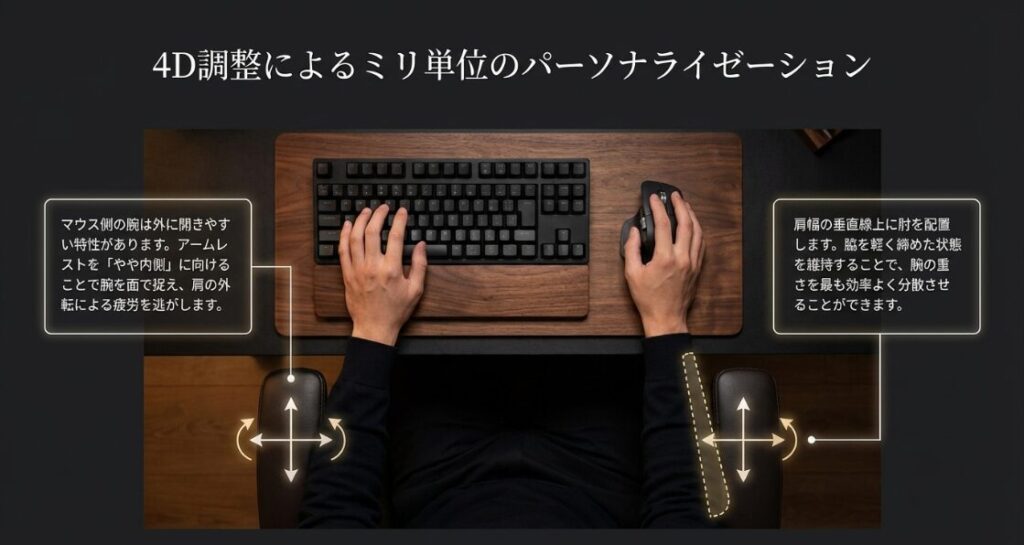 4Dアームレストの可動軸と、マウス操作時に内側へ向ける調整方法を解説したスライド。