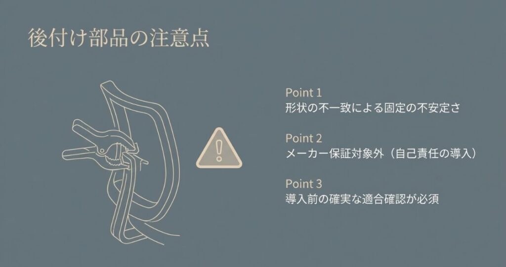 形状の不一致による不安定さやメーカー保証対象外など、後付け部品を導入する際の確認事項