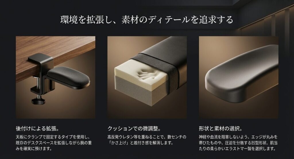 クランプ式アームレストやクッション、圧迫を防ぐ凹型形状などの後付けソリューションをまとめたスライド。