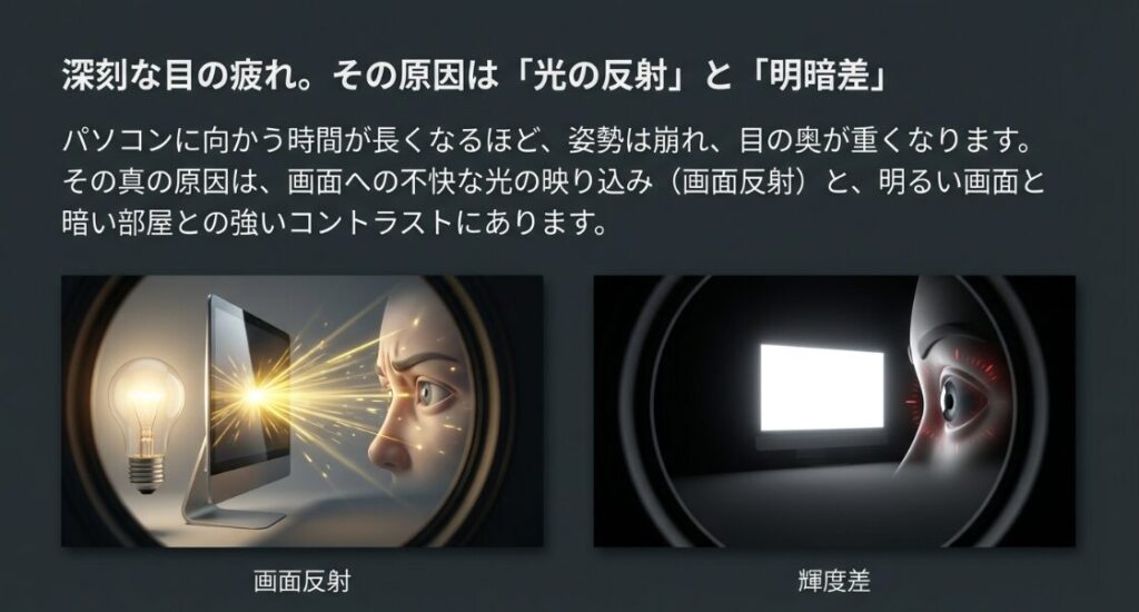 一般的なライトの画面反射と、モニターライトの非対称配光による反射防止の比較図