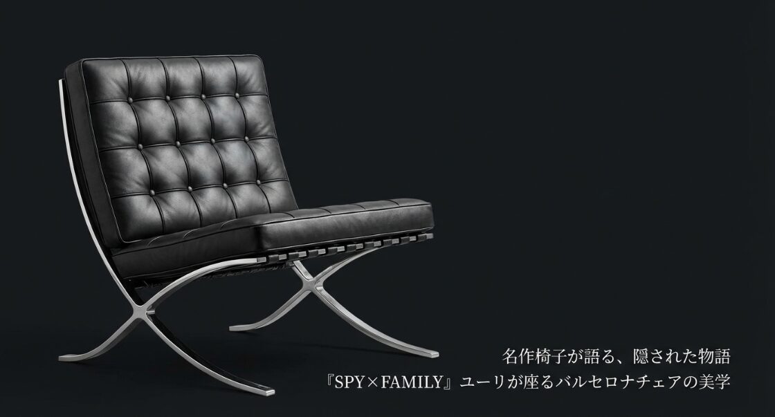 黒のバルセロナチェアの全体像と「SPY×FAMILYユーリが座る名作椅子の美学」というテキスト