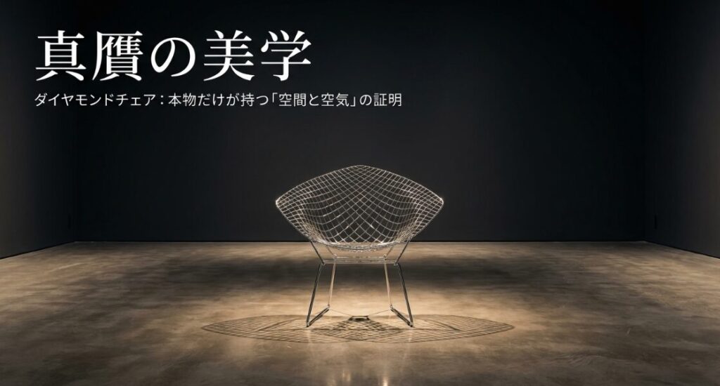 ハリー・ベルトイアのダイヤモンドチェア正規品とリプロダクト品を見分けるための解説スライド。