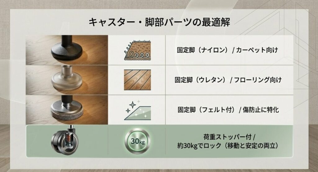 ナイロン、ウレタン、フェルト付きの固定脚と、荷重ストッパー付きキャスターの特性比較表