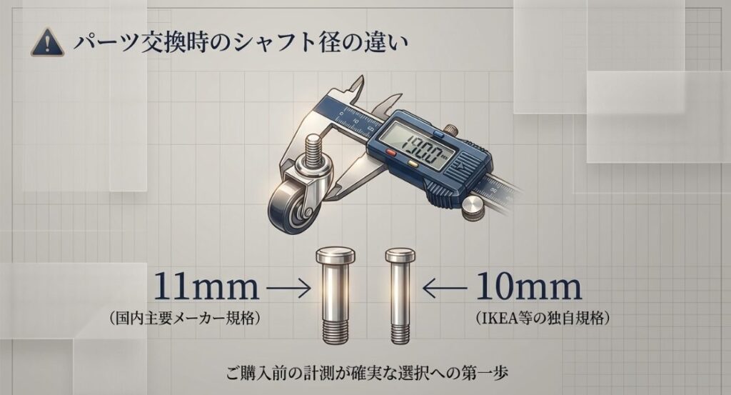 国内規格11mmとIKEA等の独自規格10mmのシャフト径の違いをノギスで計測しているイラスト
