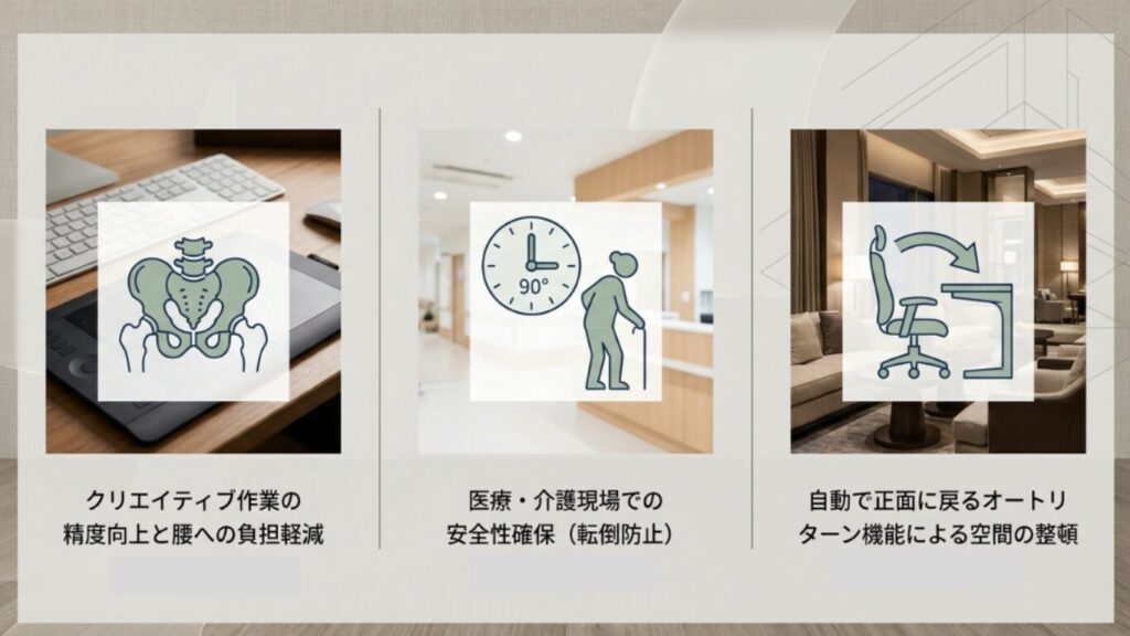 腰への負担軽減、医療現場の転倒防止、オートリターン機能による空間整頓の活用シーン