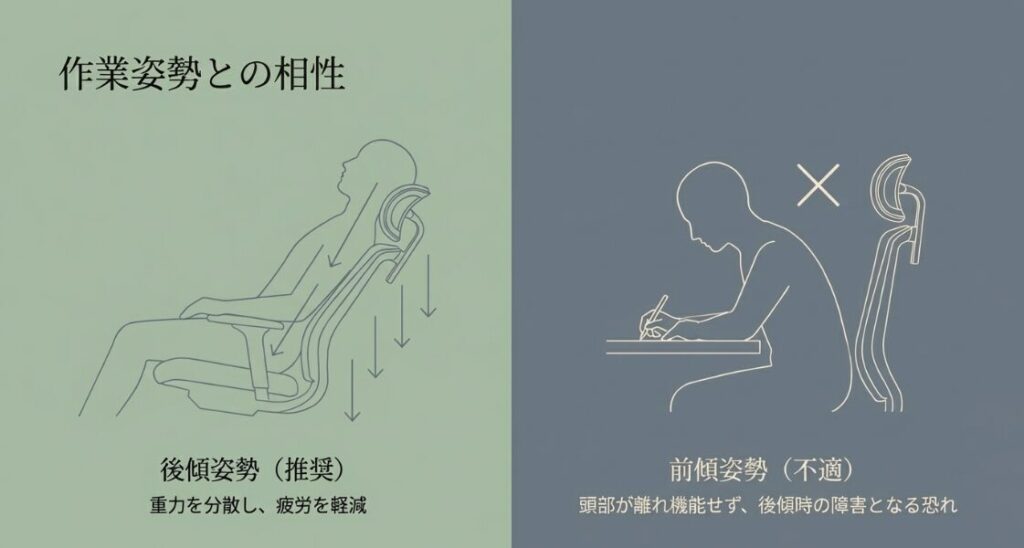 重力を分散する後傾姿勢と、頭部が離れて機能しない前傾姿勢の比較イラスト