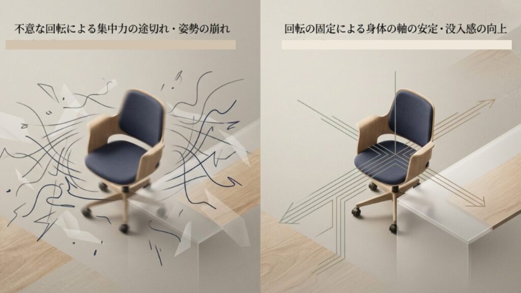 不意な回転による姿勢の崩れと、固定による身体の軸の安定・没入感向上の比較イメージ