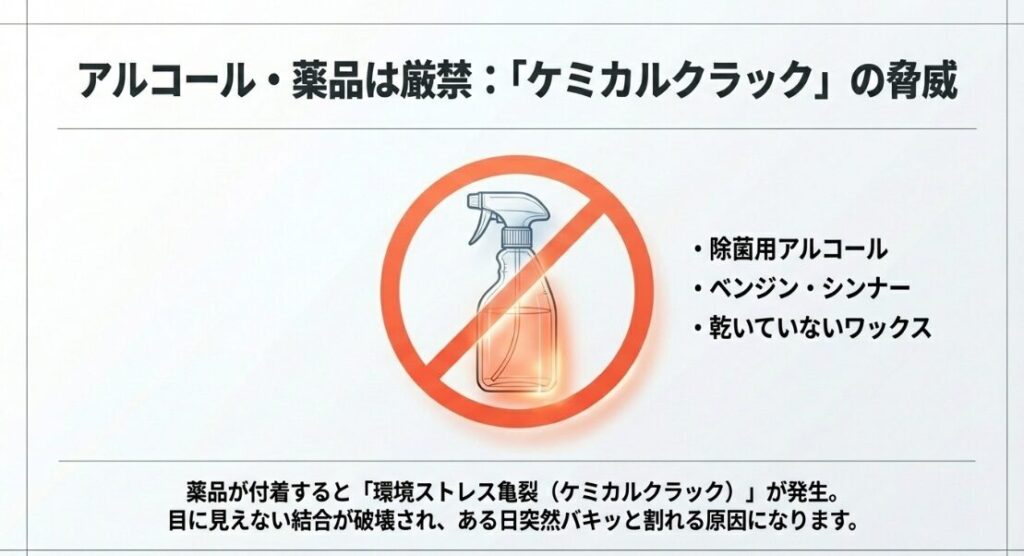 アルコールやベンジン、未乾燥のワックスがポリカーボネートのひび割れ（ケミカルクラック）を引き起こすことを示す警告図