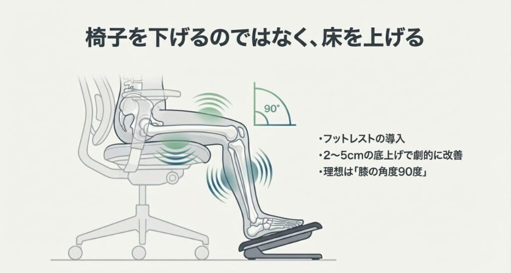 物理的に床を2~5cm底上げし、膝の角度を$90^{\circ}$に保つことで健康リスクを改善する解決策