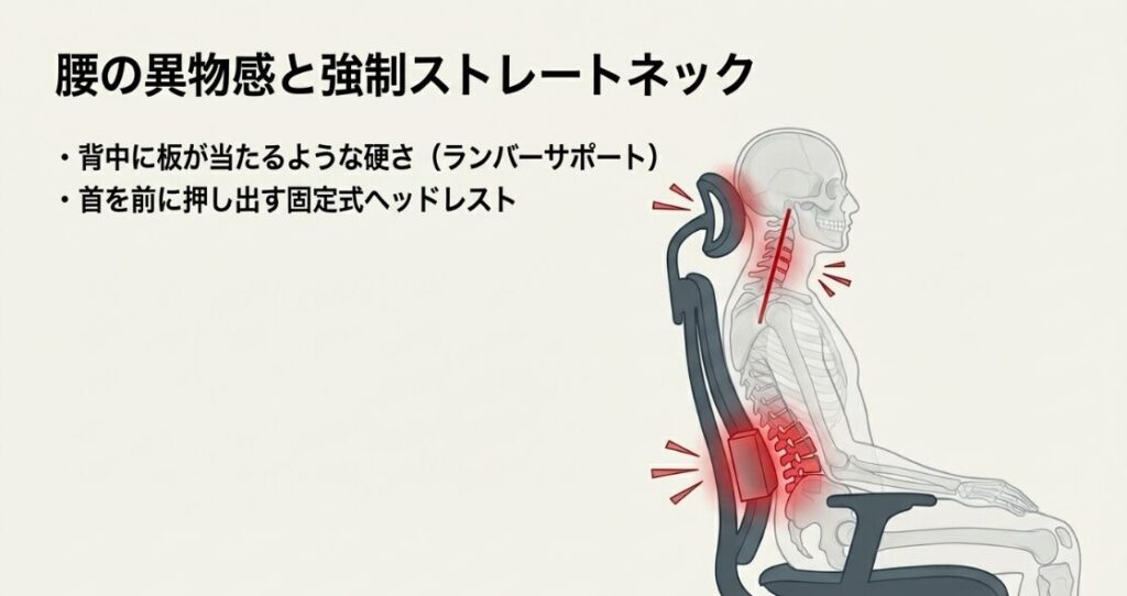 固定式ヘッドレストによる強制的なストレートネックと、ランバーサポートの硬さによる背中の異物感の解説
