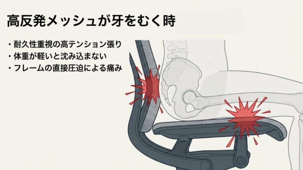 耐久性重視の高テンションメッシュにより、体重が軽い場合に座面フレームが太ももを直接圧迫して痛むメカニズム