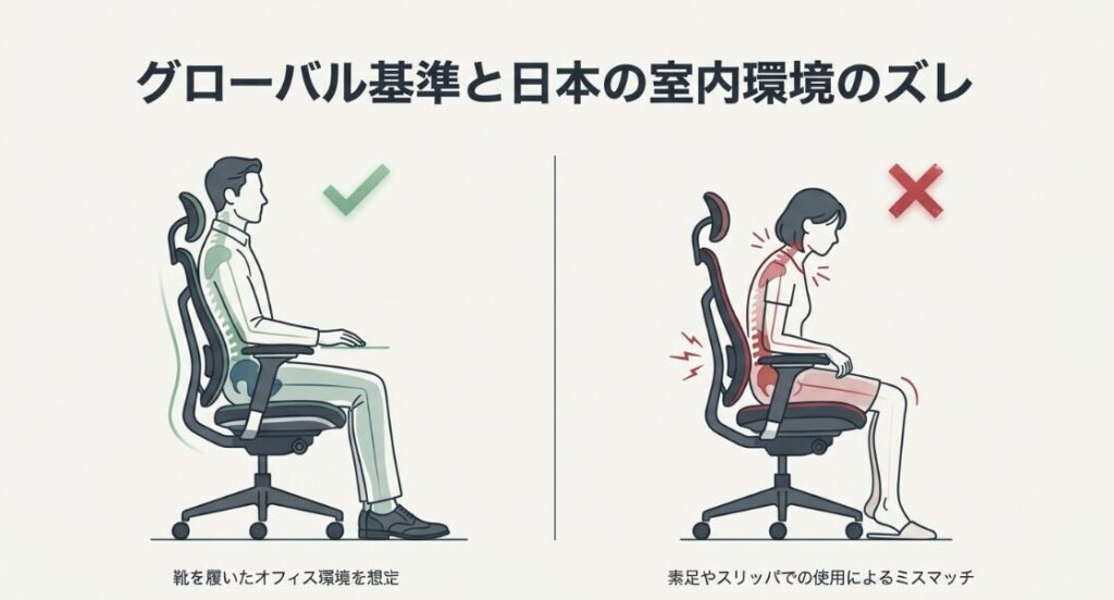 靴を履く前提のグローバル基準と日本の室内環境での素足使用による座り姿勢のズレを比較したイラスト