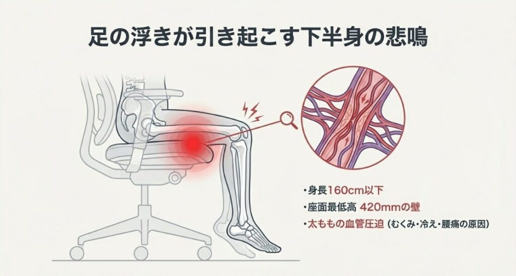 身長160cm以下のユーザーが直面する座面最低高420mmの壁と、太ももの血管圧迫による健康リスクの解説図