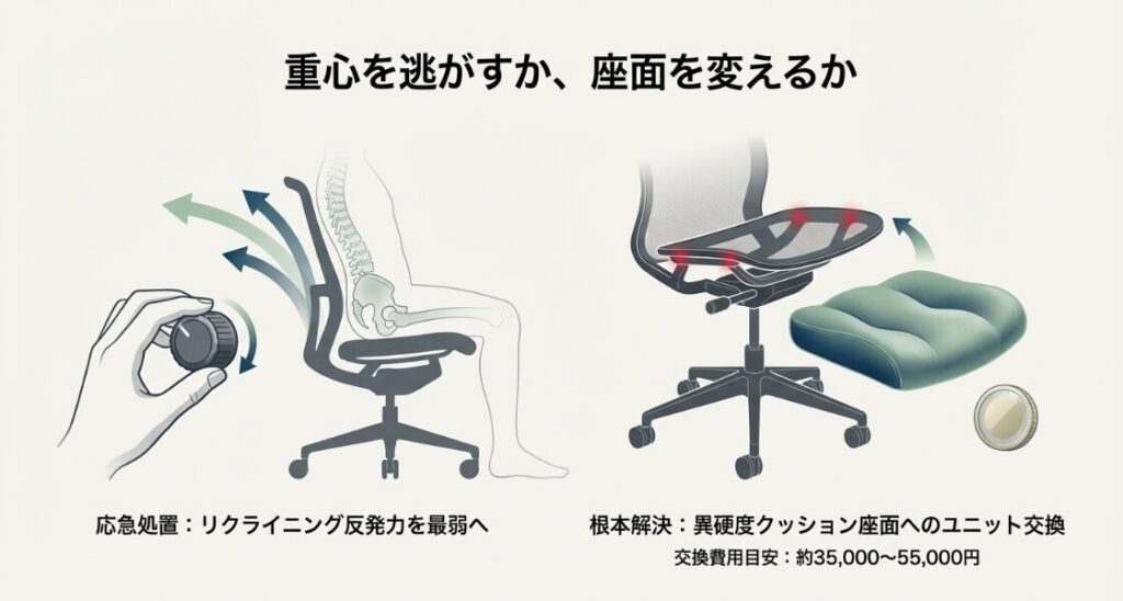 応急処置としてのリクライニング調整と、根本解決としての異硬度クッション座面へのユニット交換および費用目安