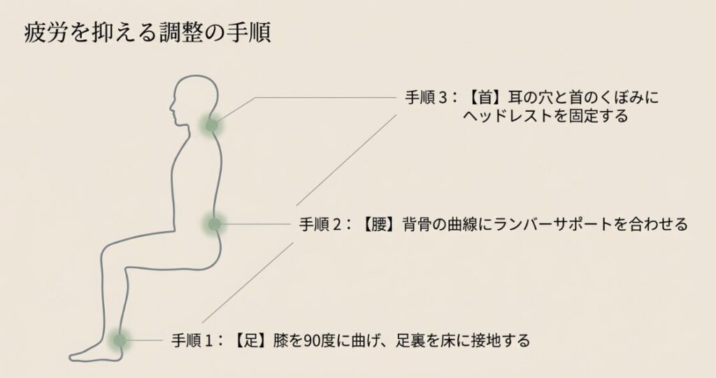 足・腰・首の順番で椅子を正しくセットアップする人間工学に基づいた調整ステップ