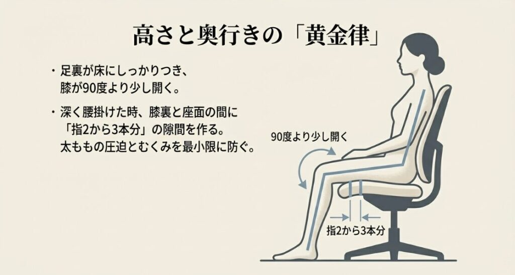 足裏を接地させ膝を90度より少し開き、膝裏に指2〜3本の隙間を作る正しい座り方の姿勢図