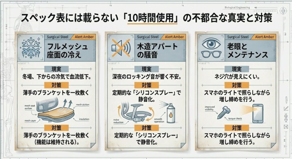 メッシュ座面の冷え対策（ブランケット）、木造アパートの騒音対策（シリコンスプレー）、老眼時のメンテナンス対策（スマホライト活用）をまとめたインフォグラフィック。