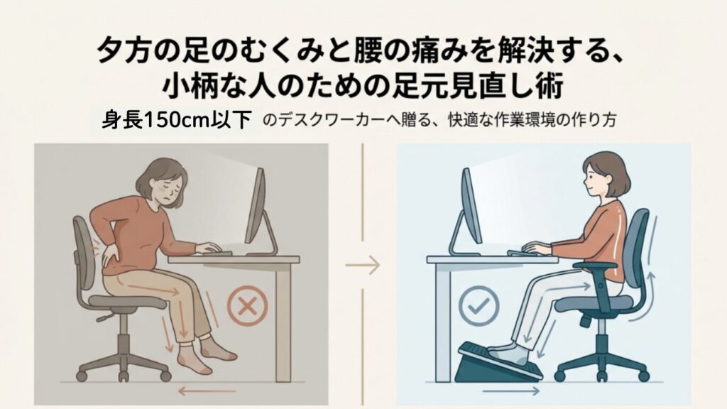 デスクワークで発生する腰痛やむくみ、集中力低下などの足元の違和感を指摘するスライド