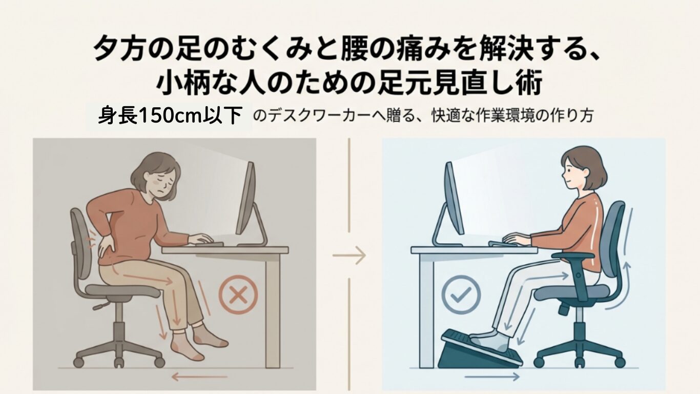 デスクワークで発生する腰痛やむくみ、集中力低下などの足元の違和感を指摘するスライド