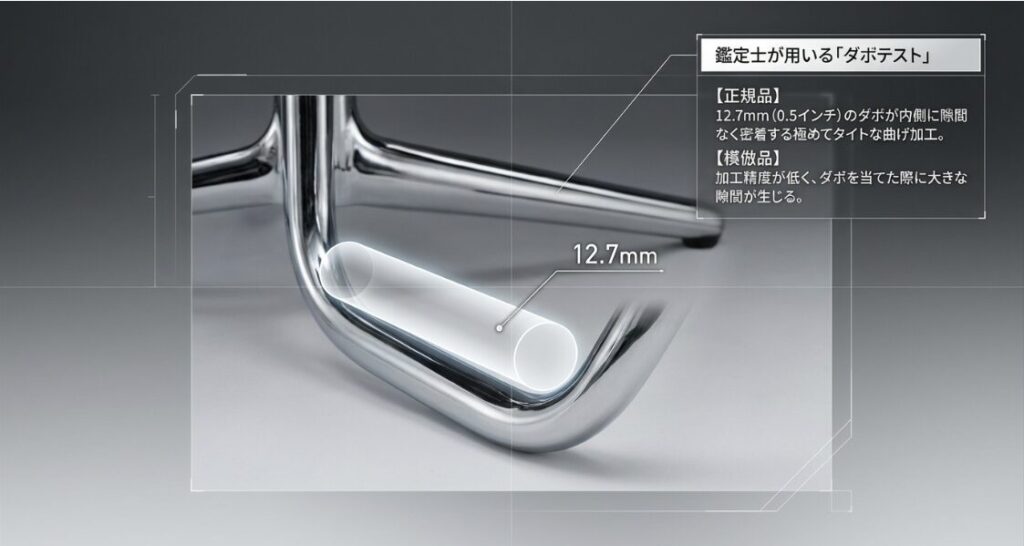 12.7mm（0.5インチ）のダボを使用した、ダイヤモンドチェアのベース加工精度の真贋判定方法。