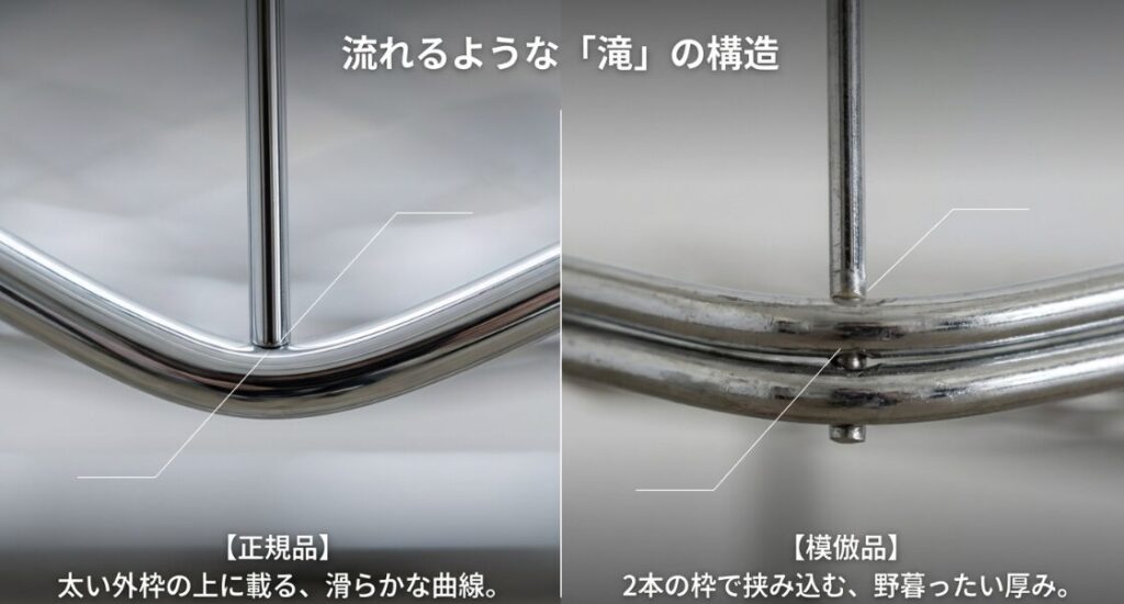 正規品特有の「滝」のようなウォーターフォール構造と、模倣品のサンドイッチ構造の比較。