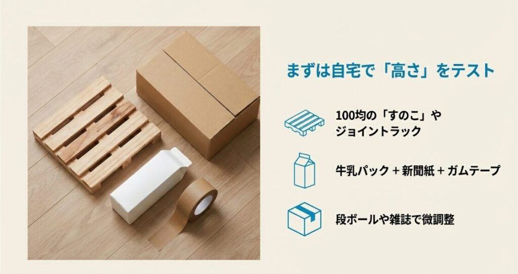 100均のすのこや牛乳パック、雑誌などを活用して自分に合う高さを確認する自作案の紹介