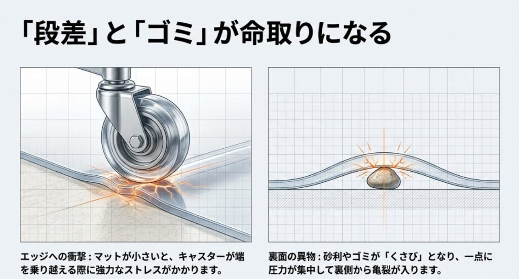 キャスターがマットの端を乗り越える際の衝撃や、裏面の砂利が亀裂の原因になることを示すイラスト