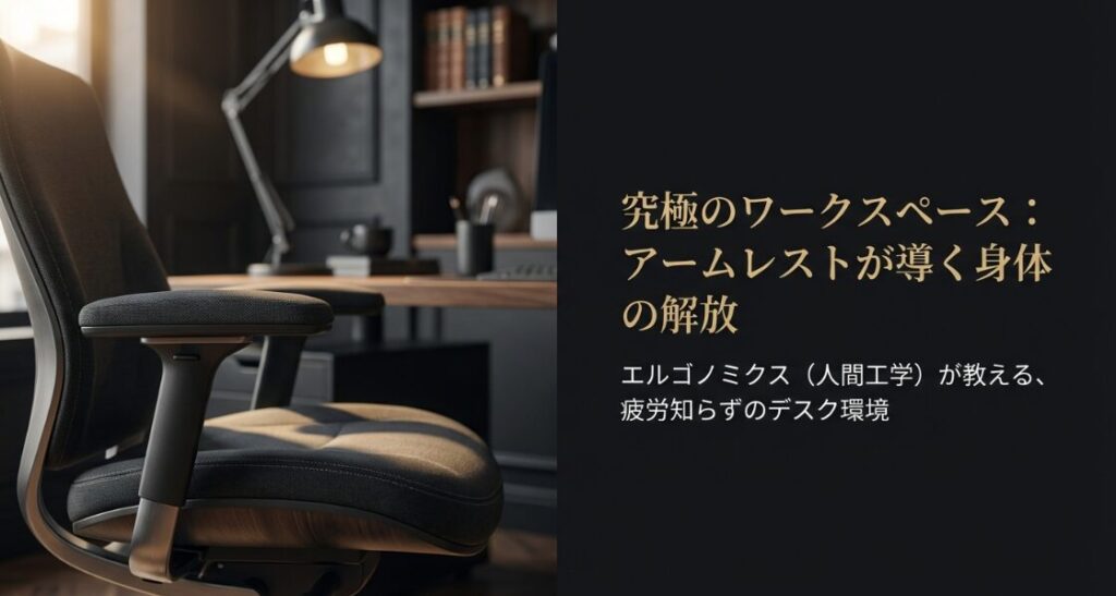 エルゴノミクス（人間工学）に基づいた、疲労知らずのデスク環境とアームレスト付きオフィスチェアのイメージ画像。