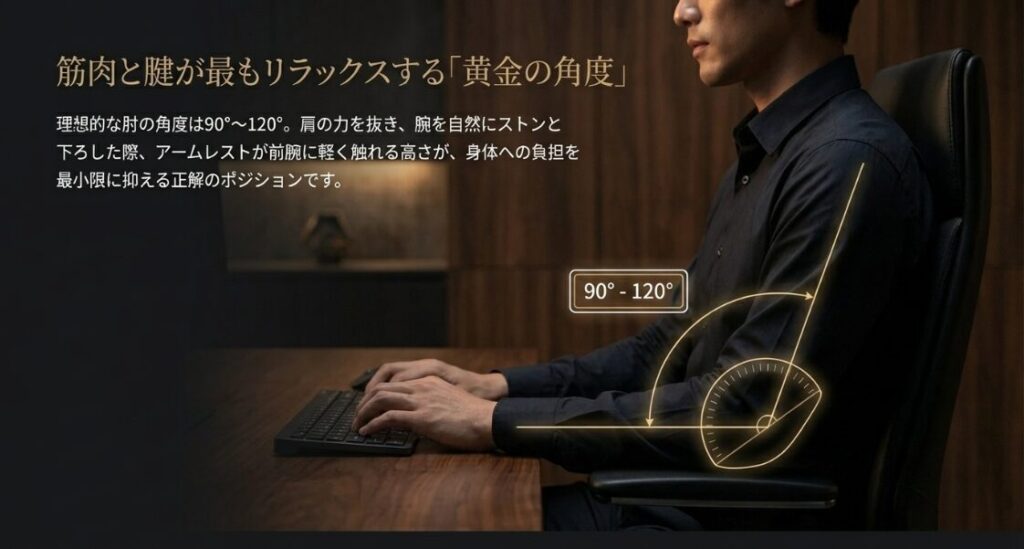 デスクワークにおける理想的な肘の角度が90度から120度であることを示すエルゴノミクス図解。