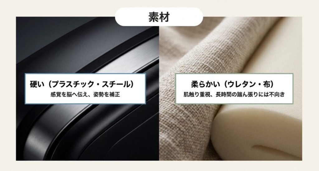 姿勢を補正する硬い素材のフットレストと、肌触り重視で柔らかい素材のオットマンの比較