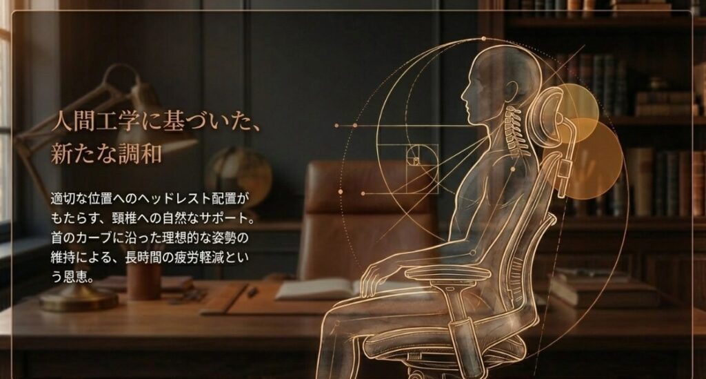 人間工学に基づいた適切な位置へのヘッドレスト配置が、首のカーブを支え疲労を軽減する仕組みの説明。