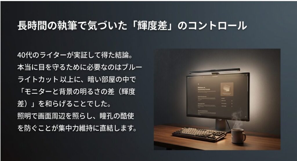 暗い部屋でモニター周辺を照らすことによる輝度差緩和と瞳孔負荷の軽減