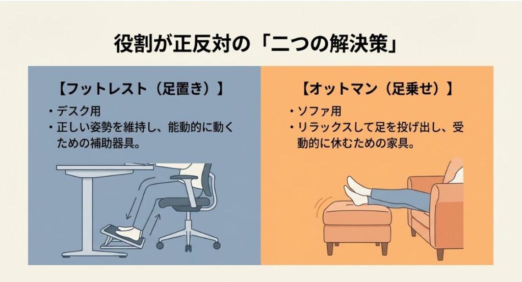 働く姿勢を維持する目的のフットレストと、リラックス目的のオットマンの違いを説明する図解