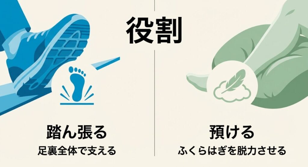 足裏全体で支えて踏ん張るフットレストと、ふくらはぎを脱力させて預けるオットマンの役割比較