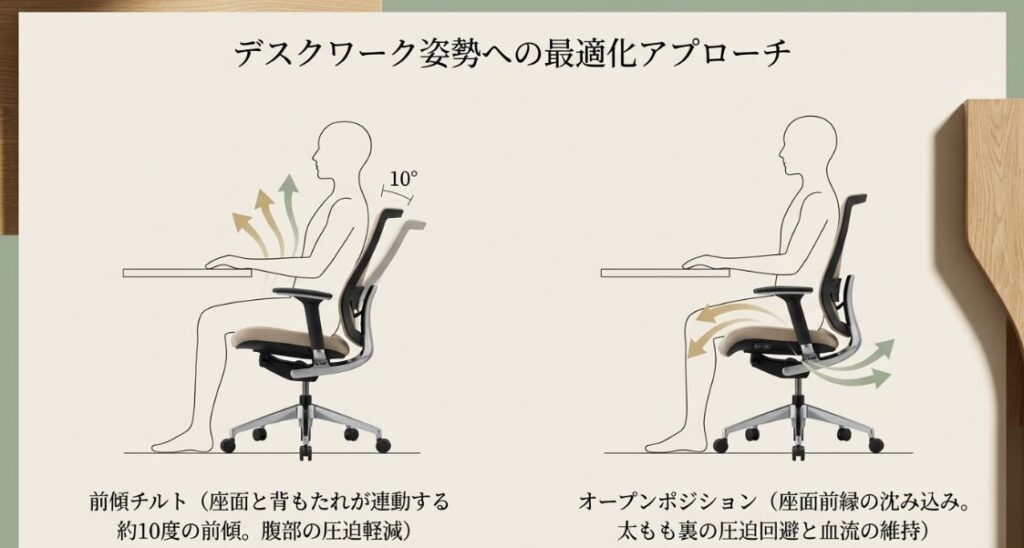 オカムラの前傾チルト（10度）とコクヨのオープンポジションが、それぞれどのようにデスクワーク姿勢を支えるかを示す図解