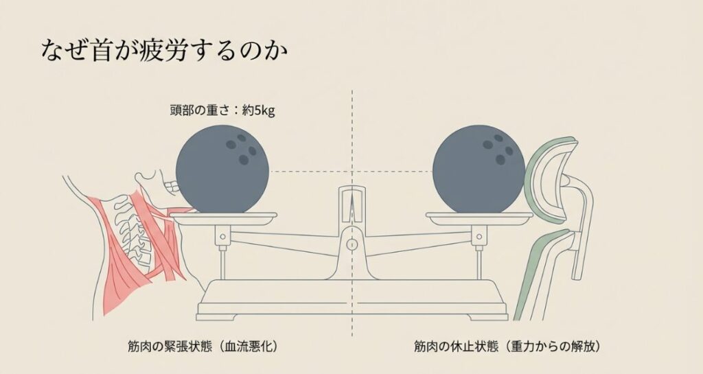 約5kgある頭部の重さを支える際の筋肉の緊張(血流悪化)とヘッドレストによる休止状態の比較図