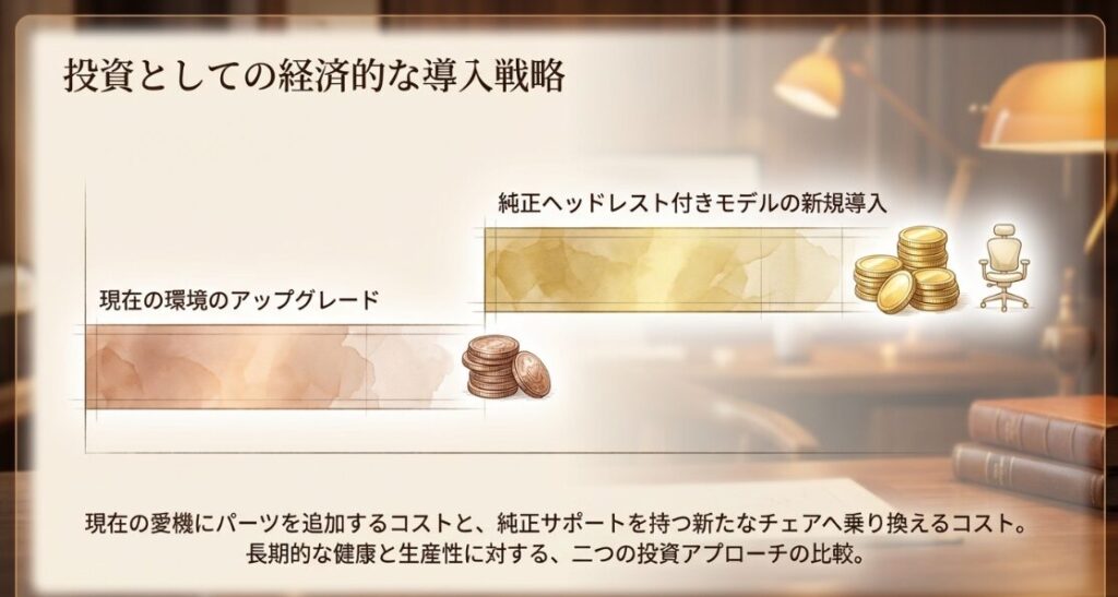 現在の環境をアップグレードするコストと、純正対応モデルへ買い替えるコストの比較を促す図。