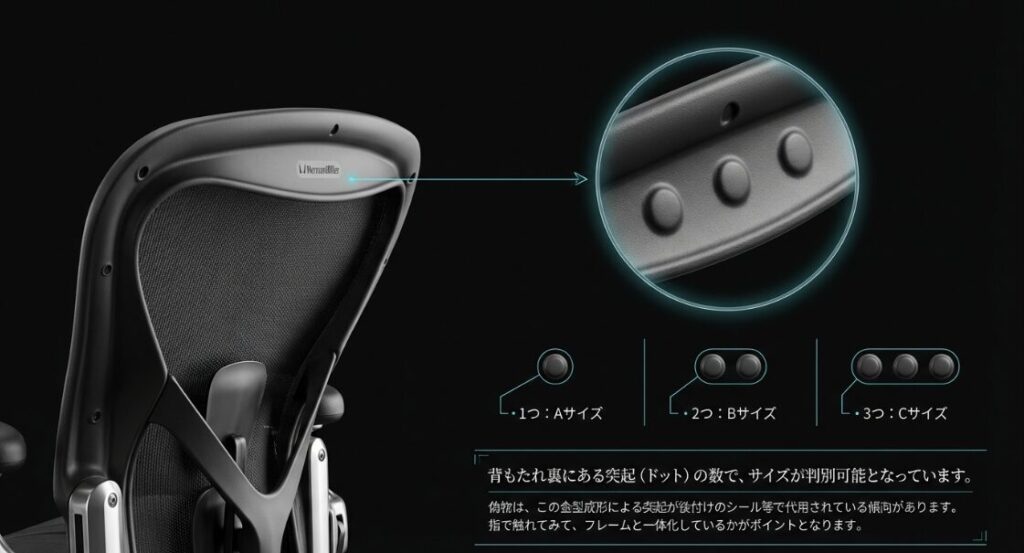 アーロンチェアの背もたれ裏にある突起（ドット）の数でA・B・Cサイズを判別する方法の解説図。