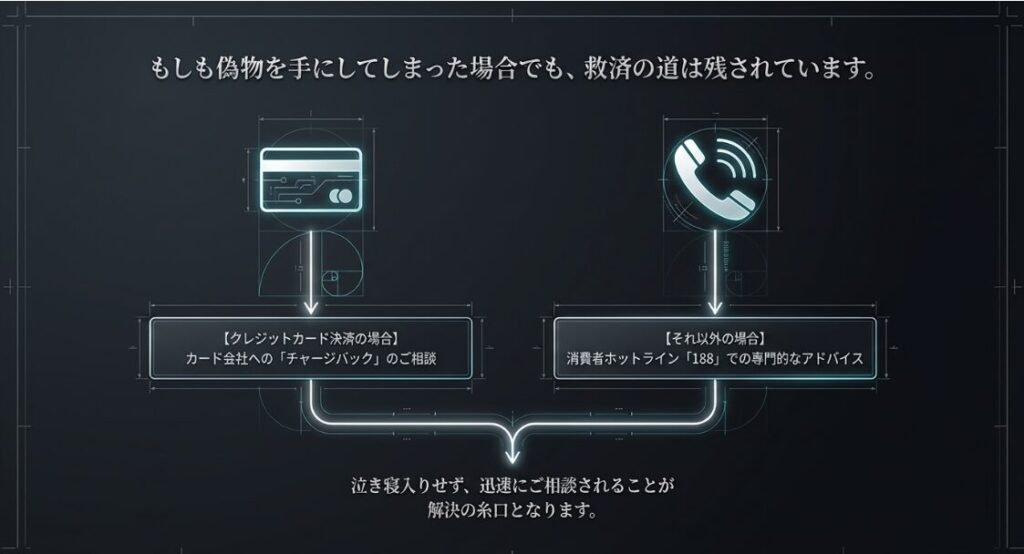 クレジットカードのチャージバック相談や、消費者ホットライン「188」への連絡方法を示すフロー図。