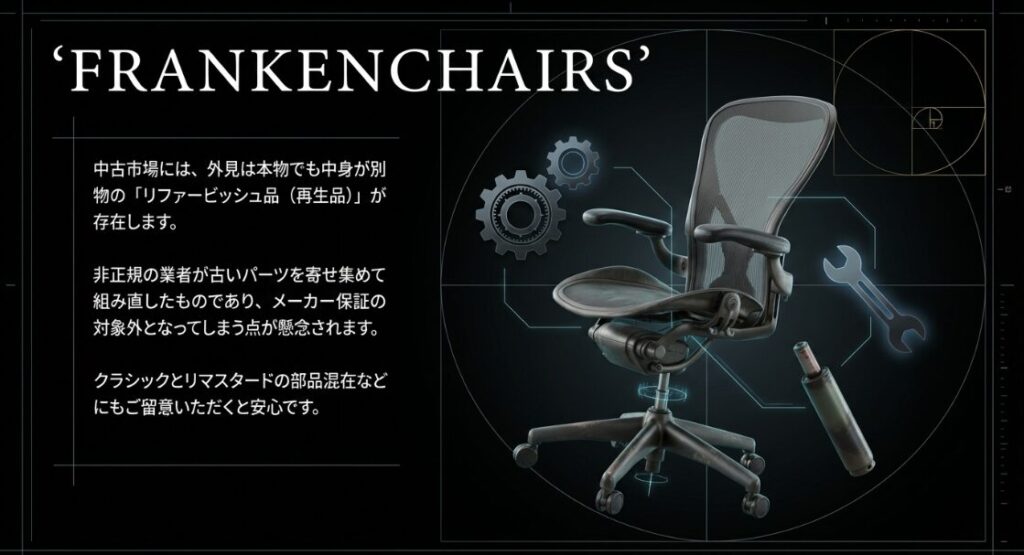 非正規パーツを組み直した「フランケンチェア」と呼ばれる再生品のリスクを説明する画像。