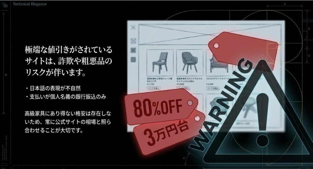 「80%OFF」や「3万円台」といった格安価格、不自然な日本語など、詐欺サイトの見分け方の警告図。